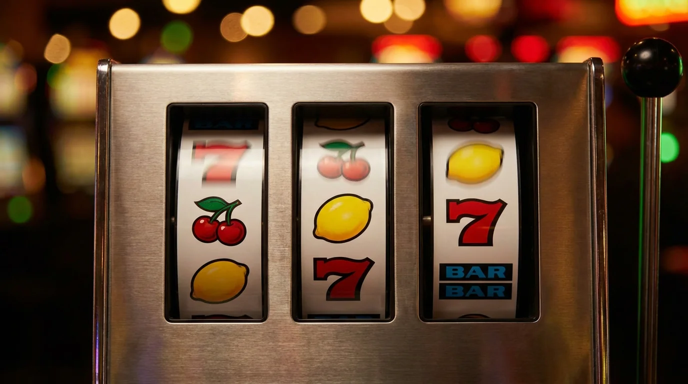 Colourful slot machine reels showing fruit symbols with a soft bokeh casino floor background