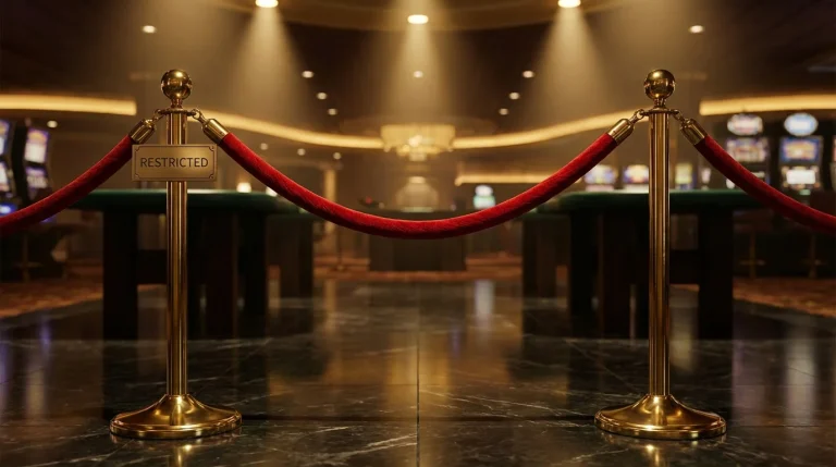 Bonus abuse at UK casinos — closed red velvet rope barrier in front of a casino entrance
