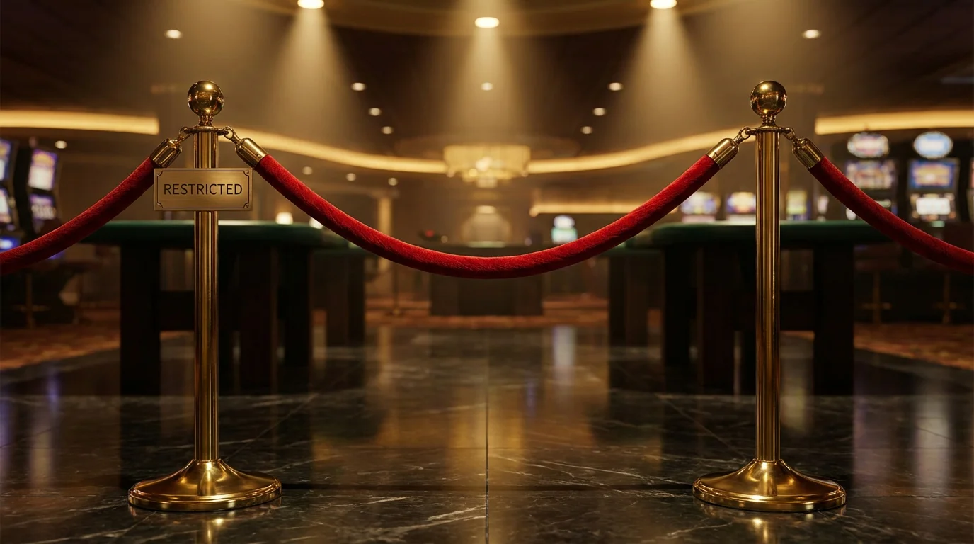 Bonus abuse at UK casinos — closed red velvet rope barrier in front of a casino entrance