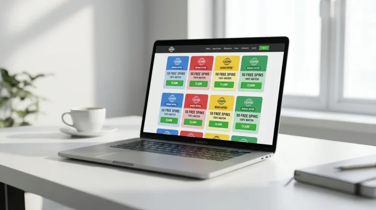 Bonus code aggregator website displayed on a laptop screen