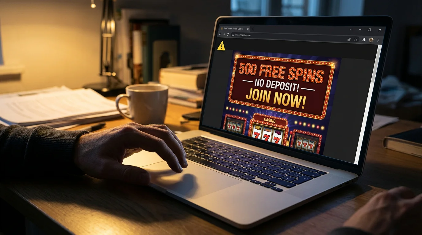 Warning sign on a suspicious casino website with a fake bonus offer