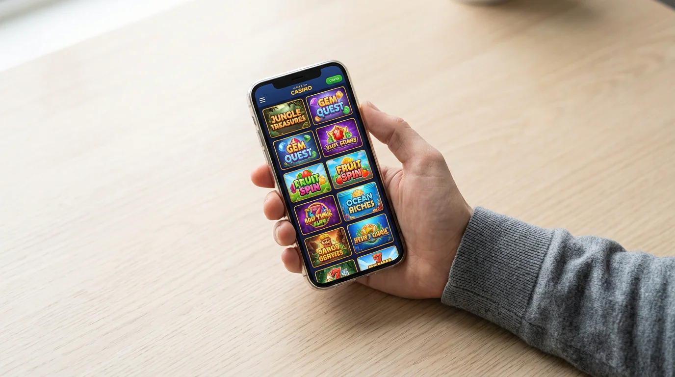 Person scrolling through a UK casino lobby on a smartphone showing slot game thumbnails