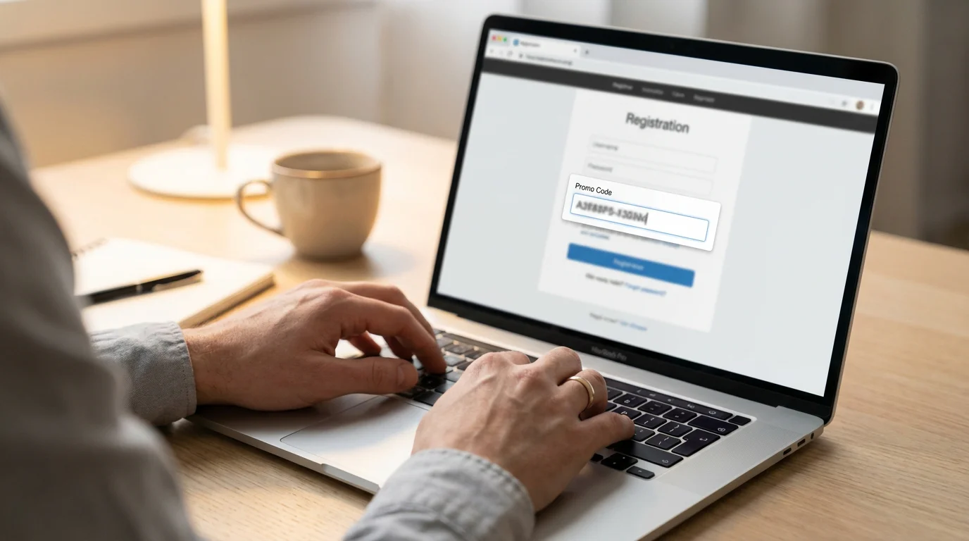 How casino bonus codes work — person typing a promo code into a laptop registration form