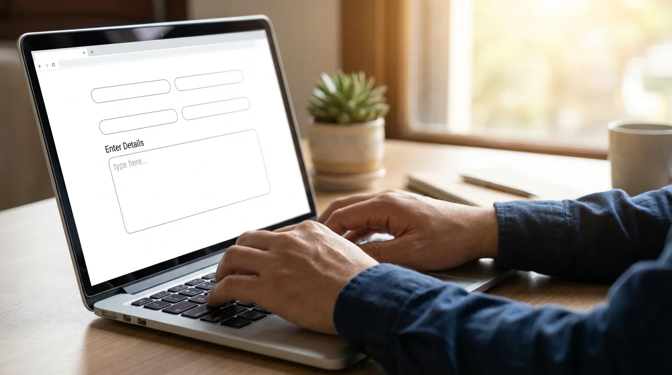 Hands typing a promotional code into a laptop registration form in a well-lit home office