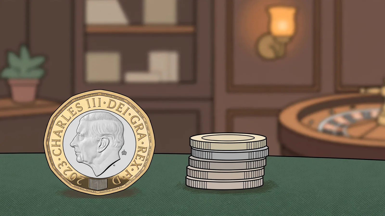 British one-pound coin beside casino chips on green felt in a traditional UK gaming lounge.