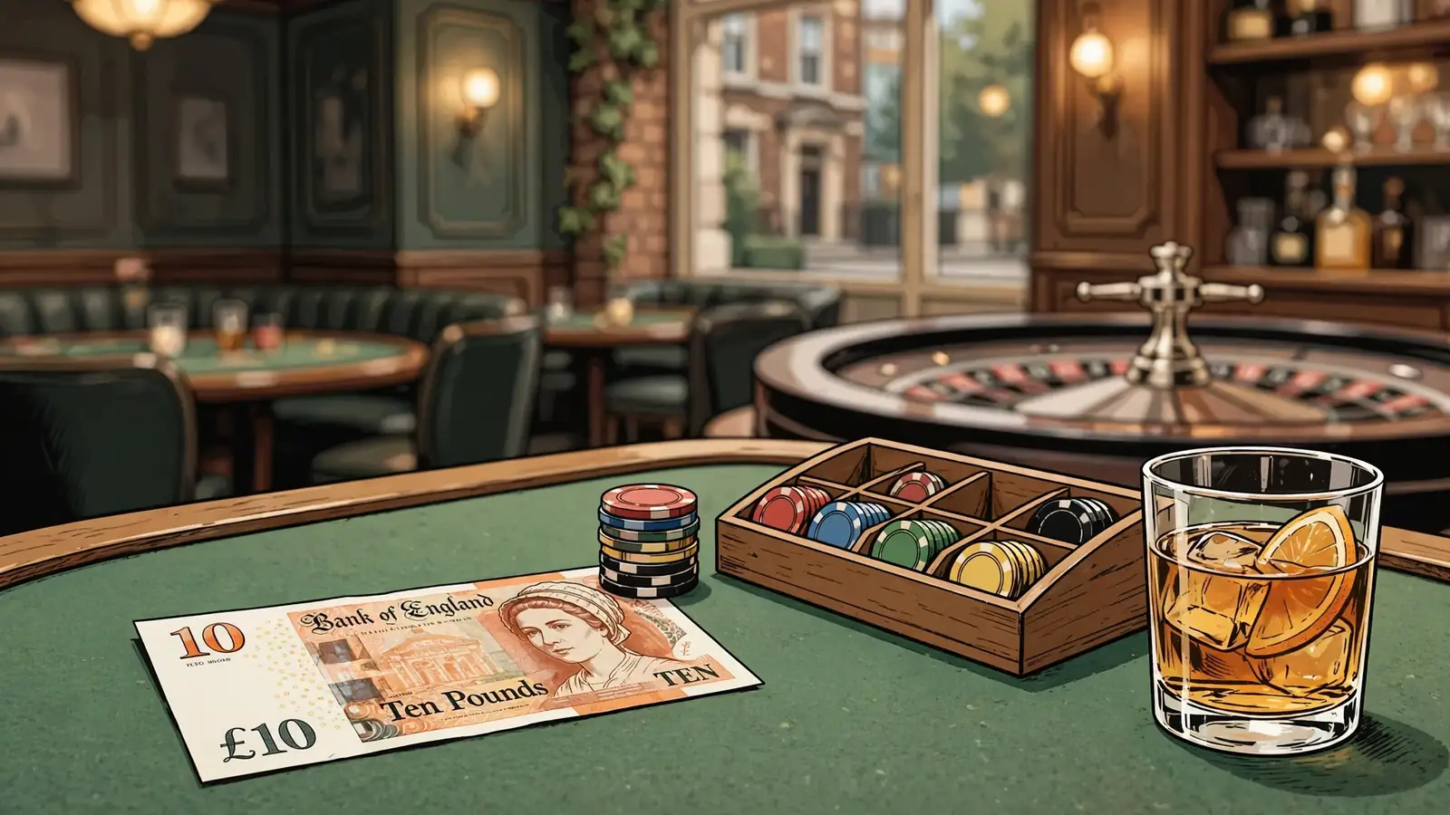 British ten-pound note on green felt casino table next to a small stack of poker chips.