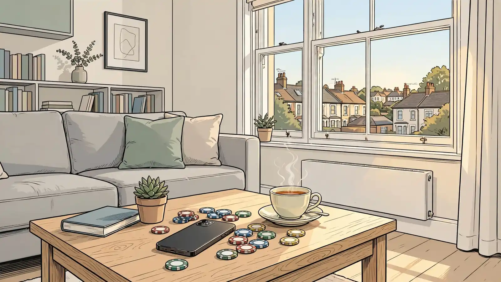 British living room with face-down phone, casino chips, and cup of tea by the window