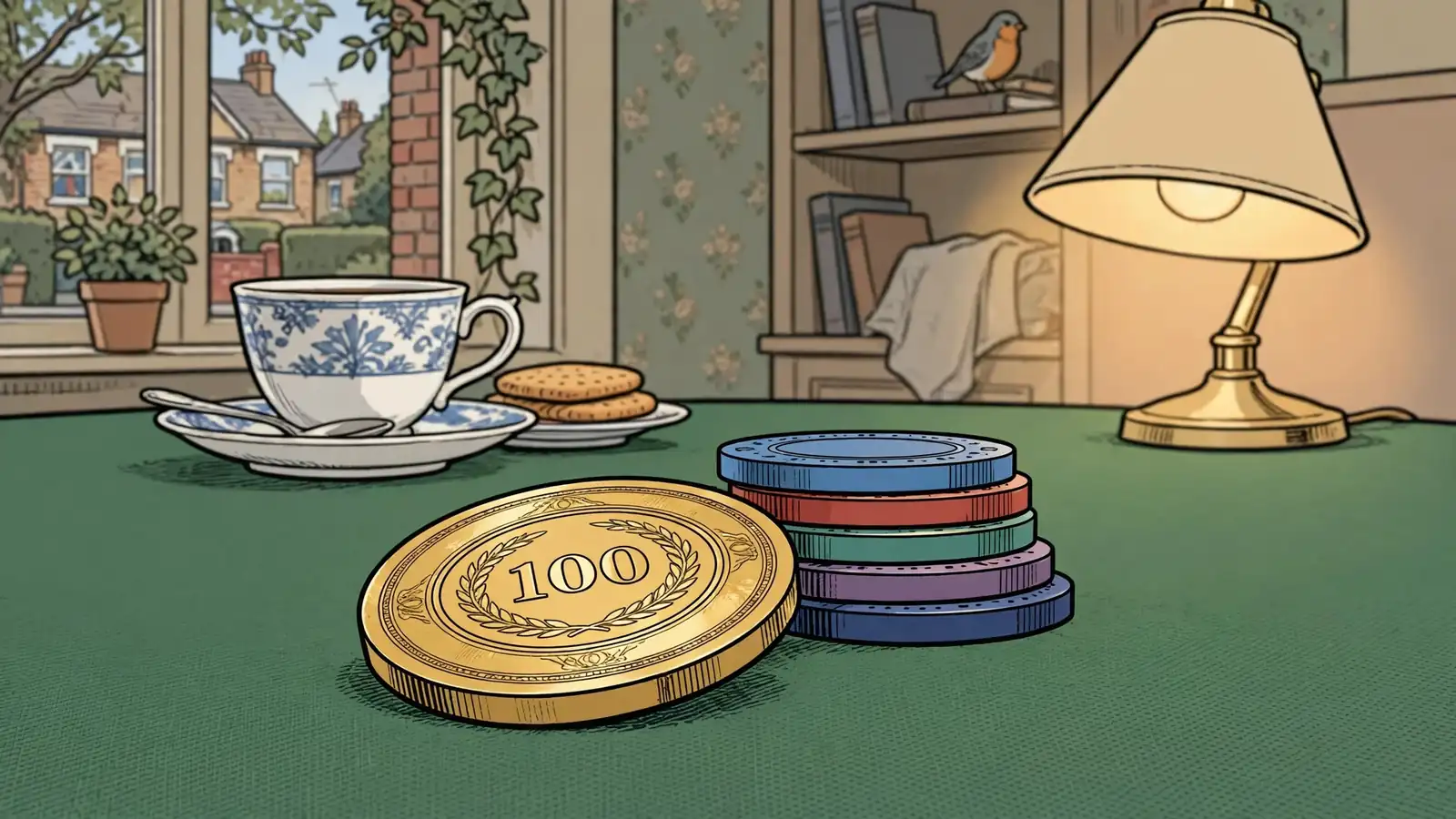 Golden casino chip on green felt with stacked chips beside it.