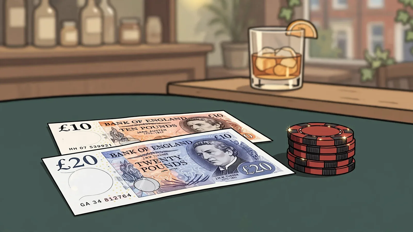 Two pound notes and poker chips on a green felt casino table in the UK