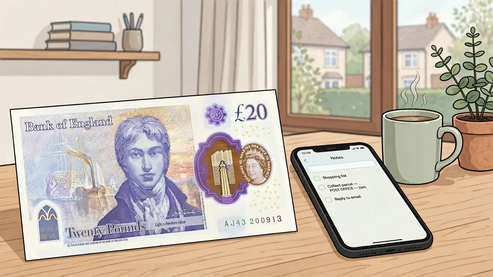 British twenty-pound note beside a smartphone on a home desk