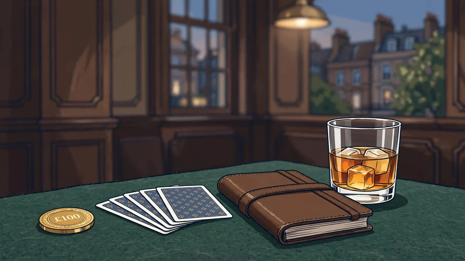 Golden casino chip, playing cards, and whisky on a dark club table, UK interior.