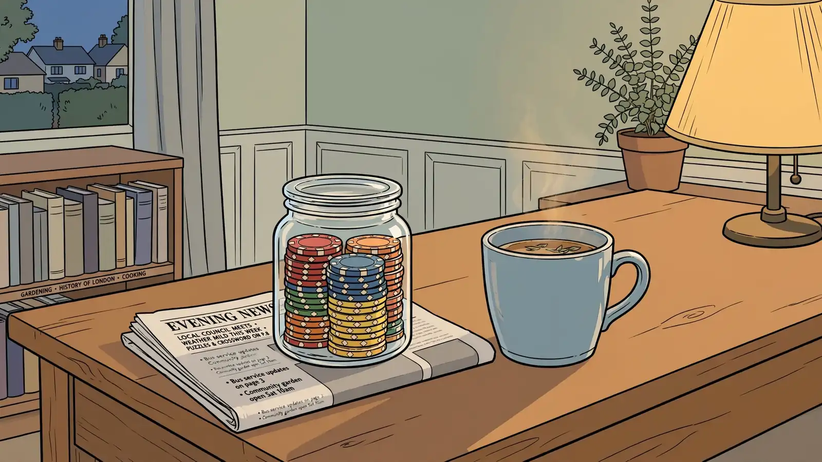 Casino chips in a glass jar on a table in a British living room.