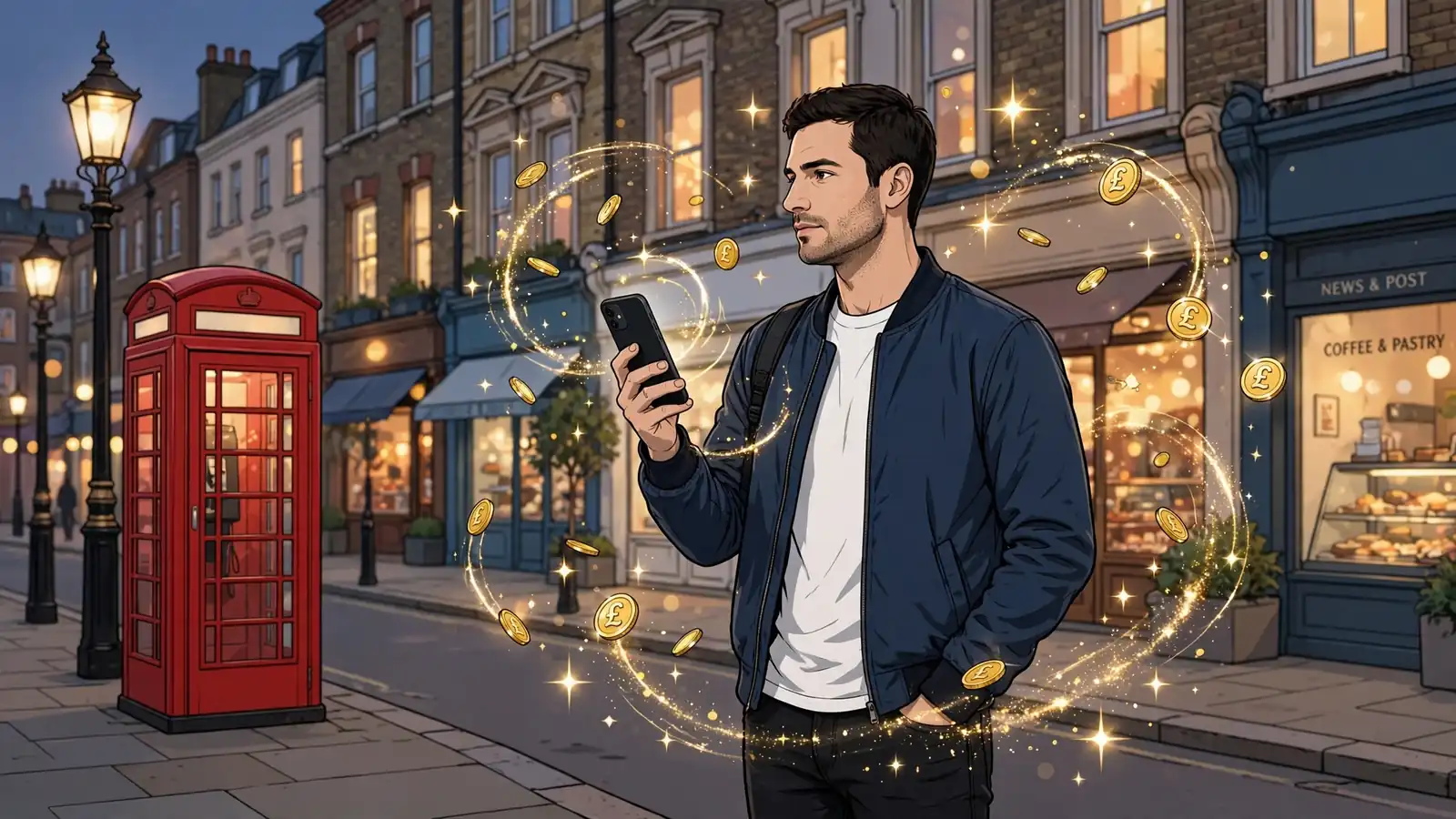 Person on London street at twilight with swirling golden coins and sparkles