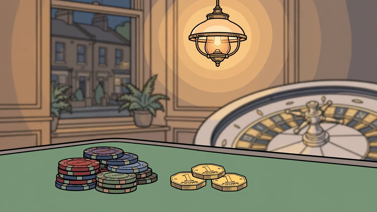 Casino chips and three British pound coins on a green felt table