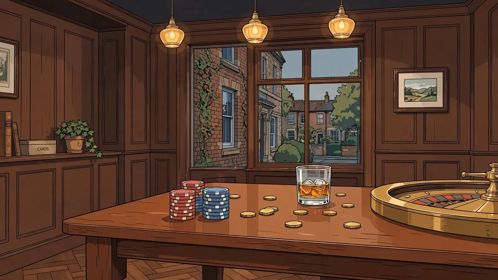 Traditional British gaming room with stacked casino chips, roulette wheel, and coins on a wooden table.