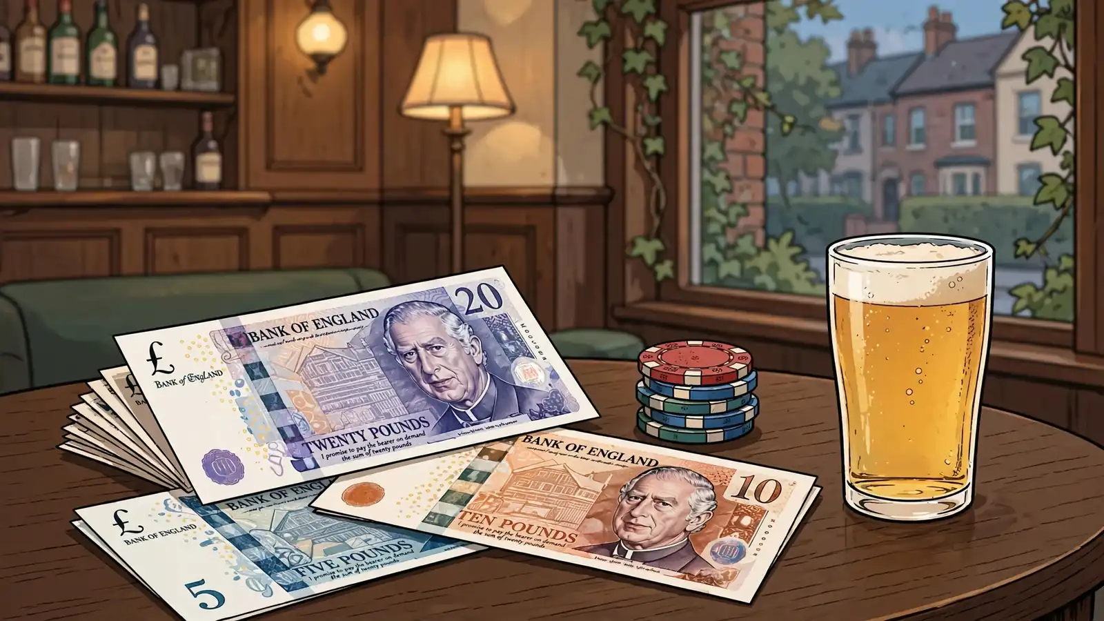 British pound banknotes and casino chips on a pub-style wooden table
