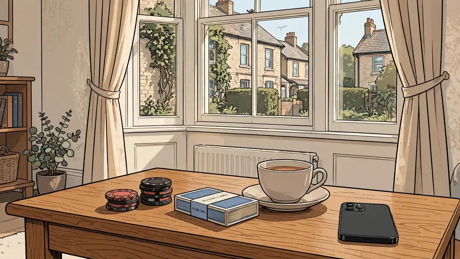 Casino chips, playing cards, teacup, and a face-down phone on a wooden table in a warm British room.