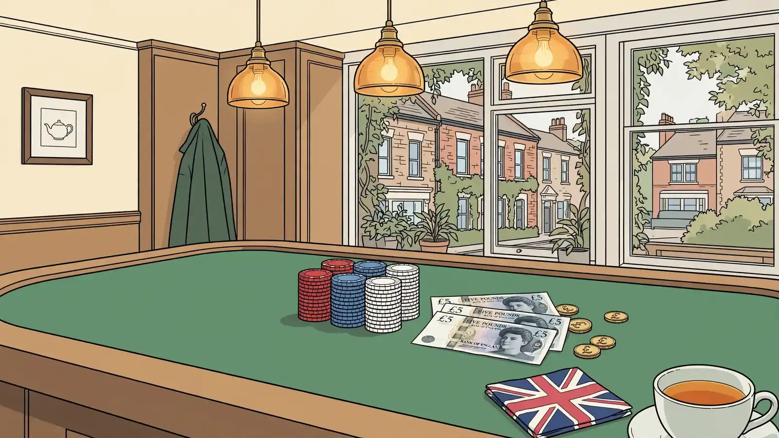 Casino chips, British five-pound notes and coins on a green felt table.