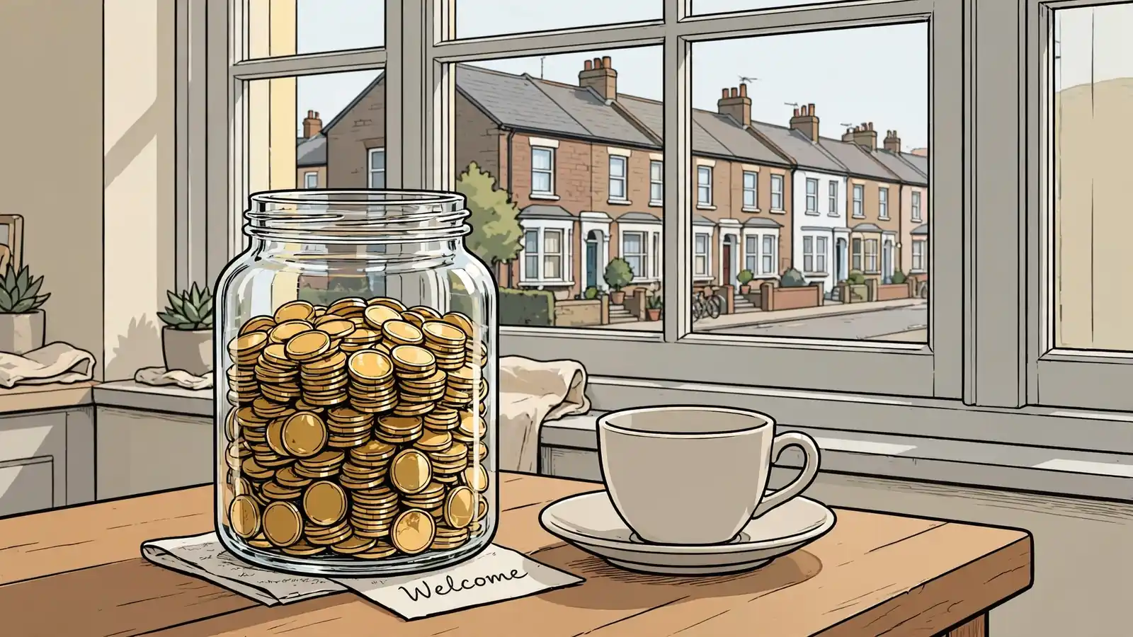 Glass jar full of golden tokens on a wooden table by a window in a British home