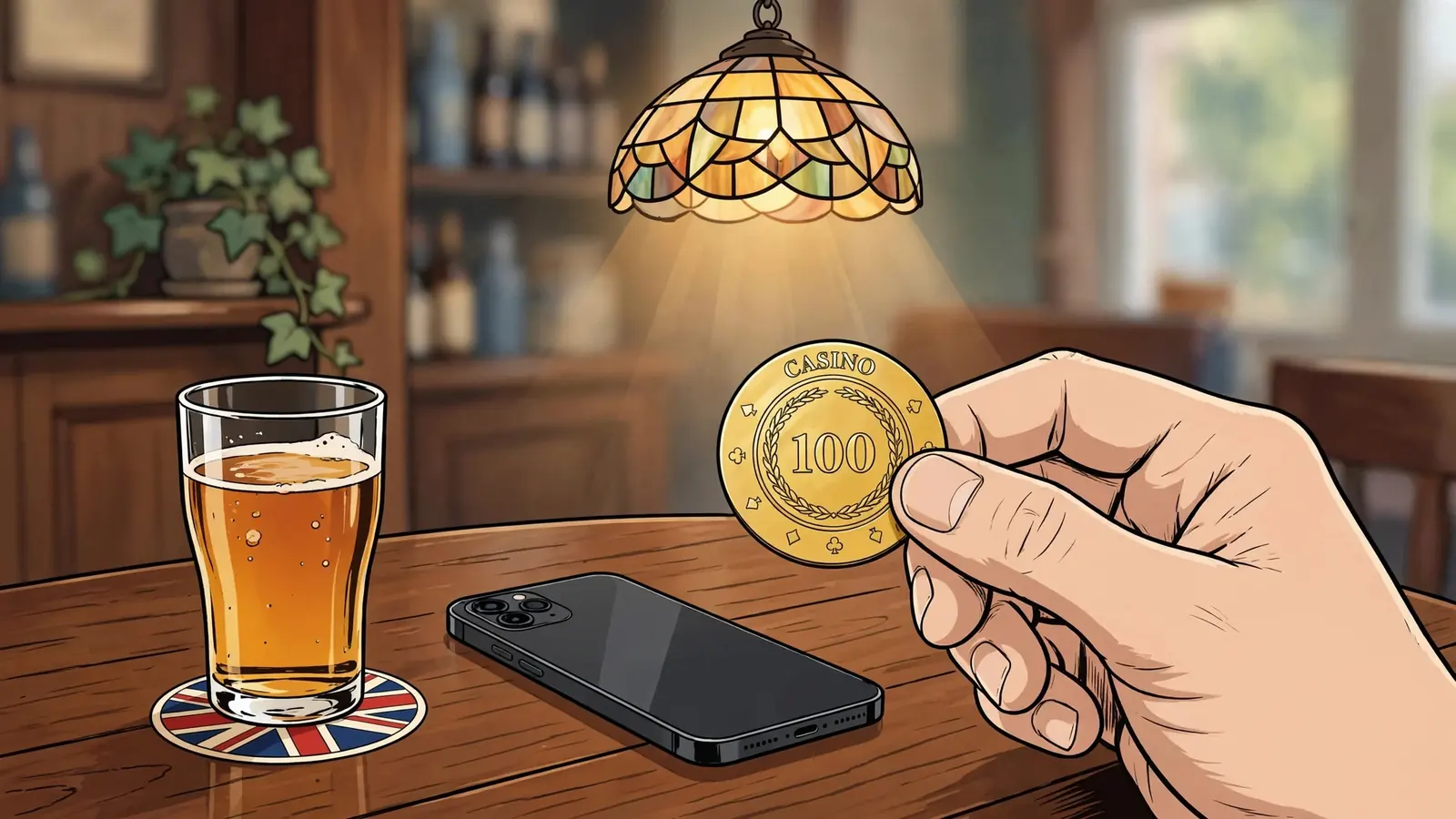 Hand holding a gold casino chip beside a face-down phone on a British pub table with ale.