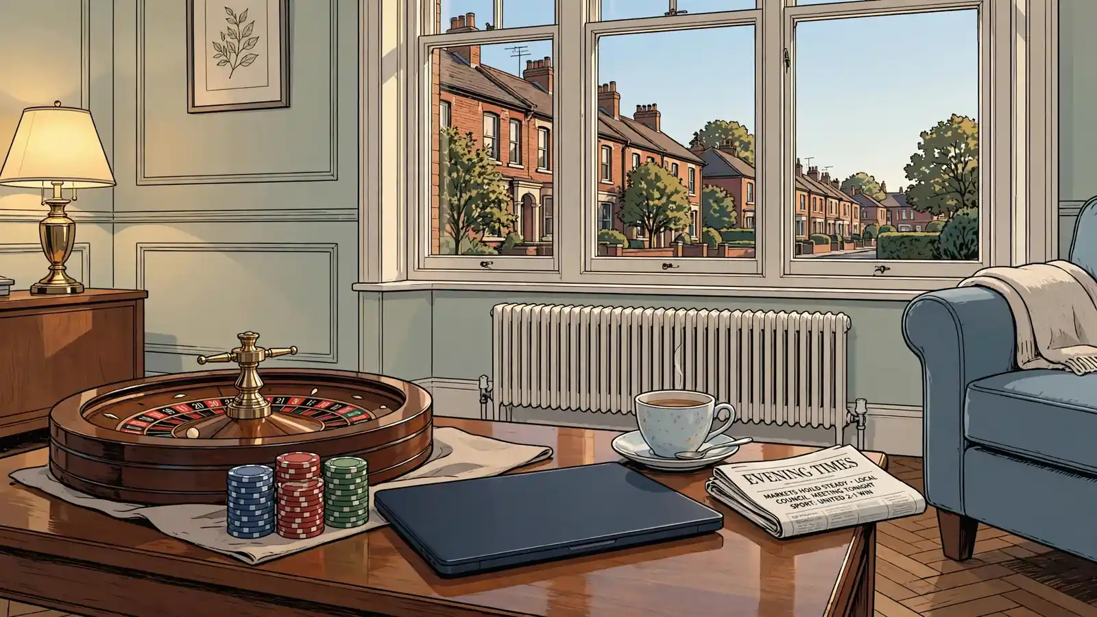 British living room with roulette wheel, casino chips, laptop, and teacup near a sash window