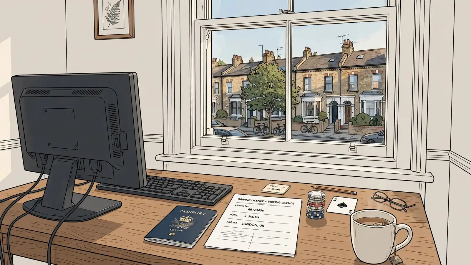 British home office desk with license paperwork and casino chips near a turned-away monitor.