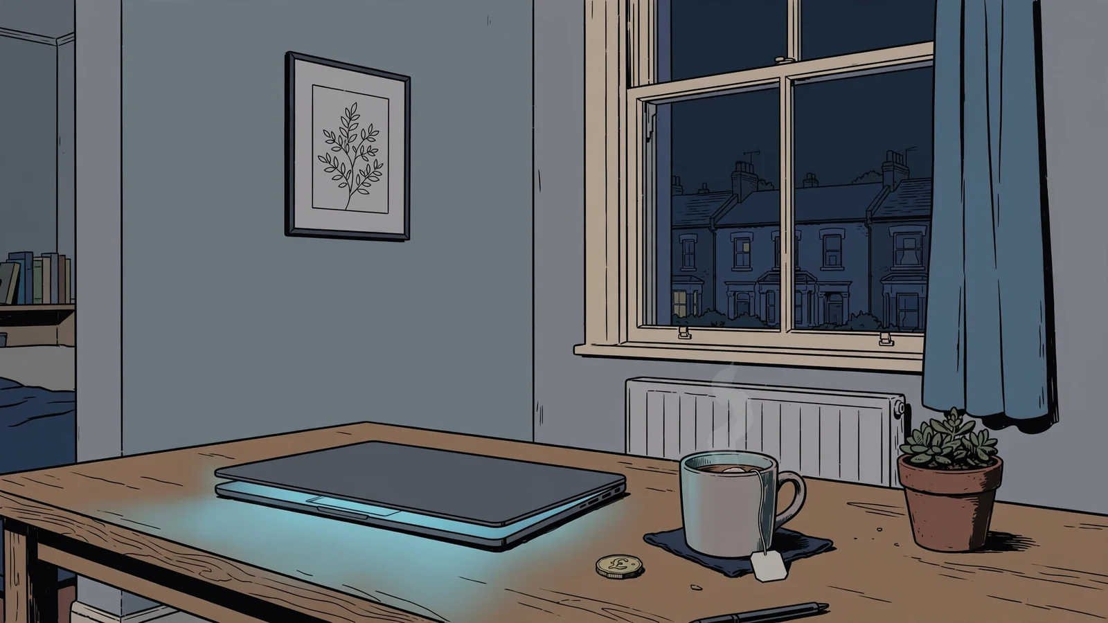 Closed laptop on a desk in a dimly lit UK flat at night