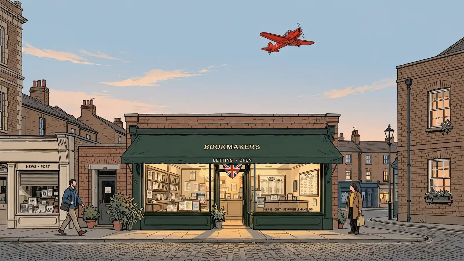 Red toy airplane flying over a British bookmaker shopfront at dusk
