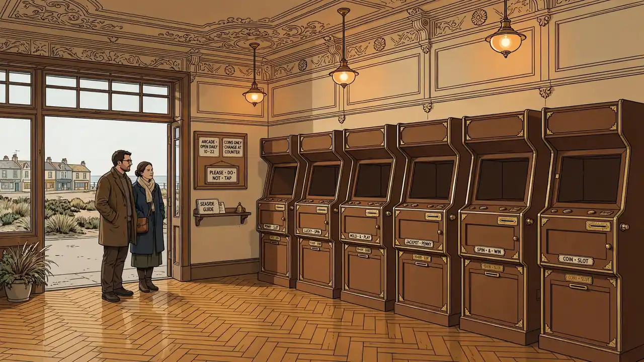 Classic British seaside arcade with vintage slot machine cabinets under warm lights