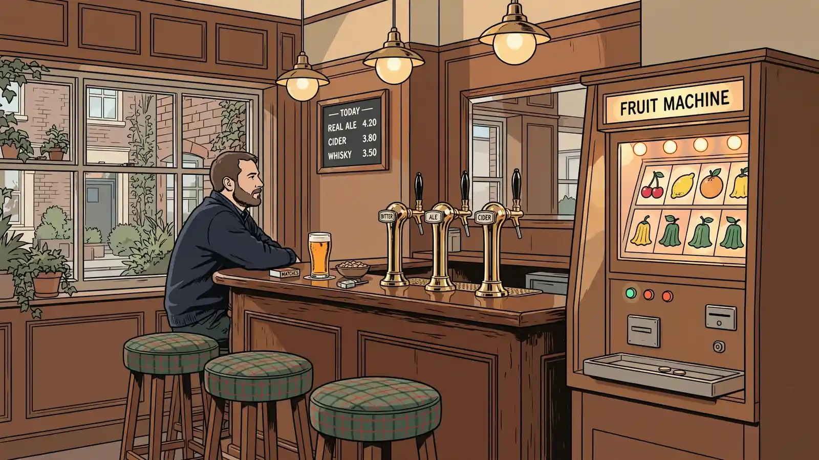 Traditional British pub interior with a glowing vintage fruit machine beside the bar