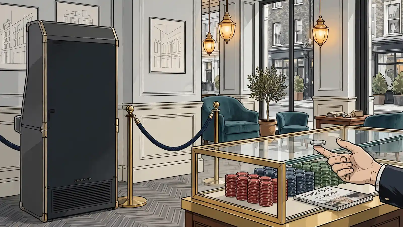 Gaming cabinet with hidden screen in a London lounge, chips beside