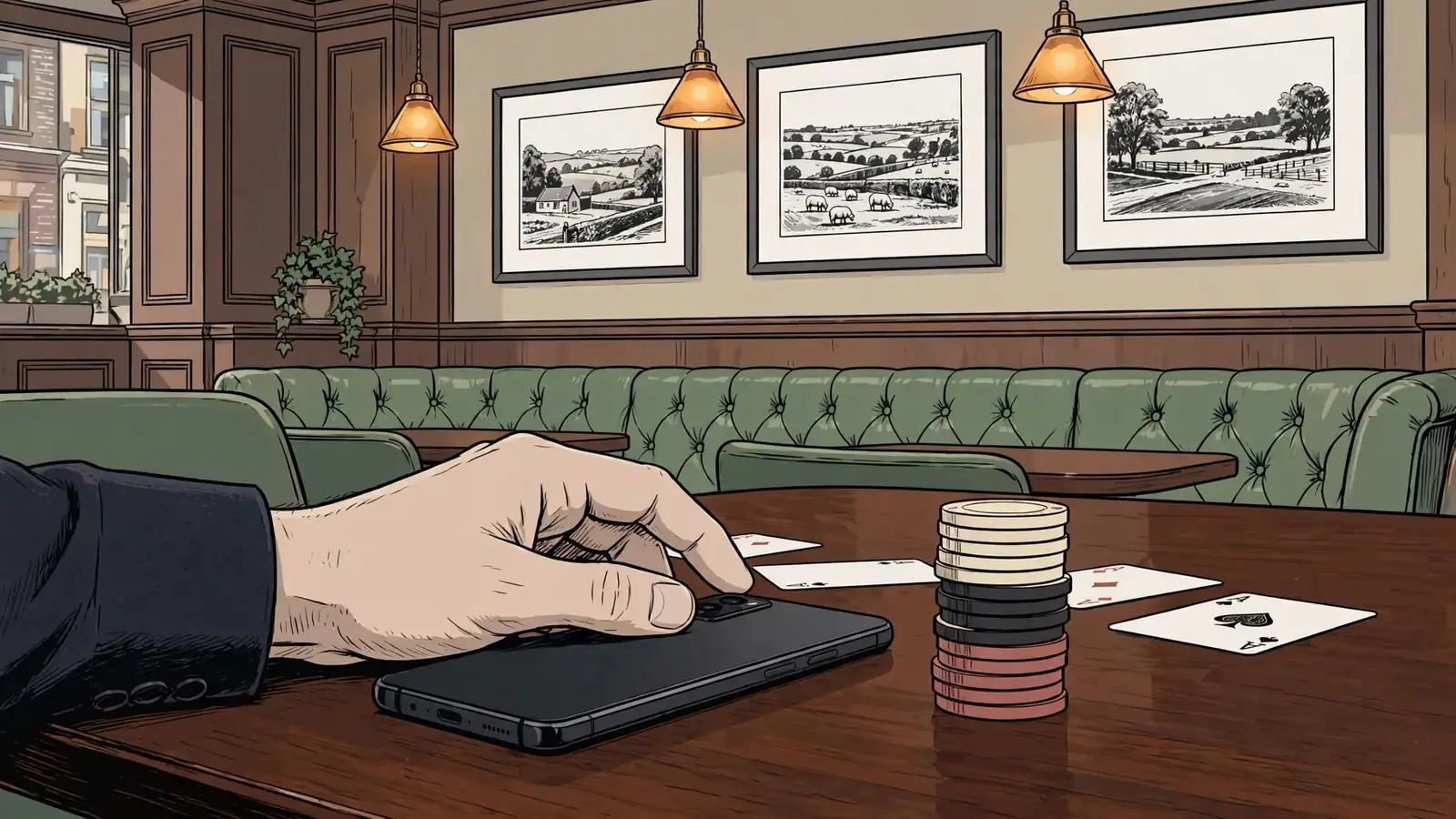 Android phone on a wooden table in a British club, with casino chips and playing cards