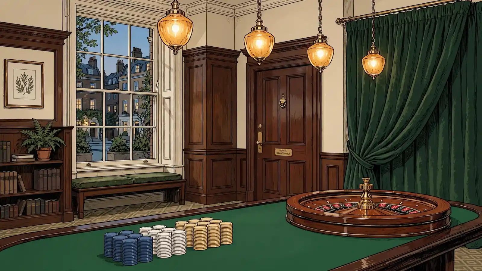 Empty British casino table with chips and roulette wheel under warm amber lamps