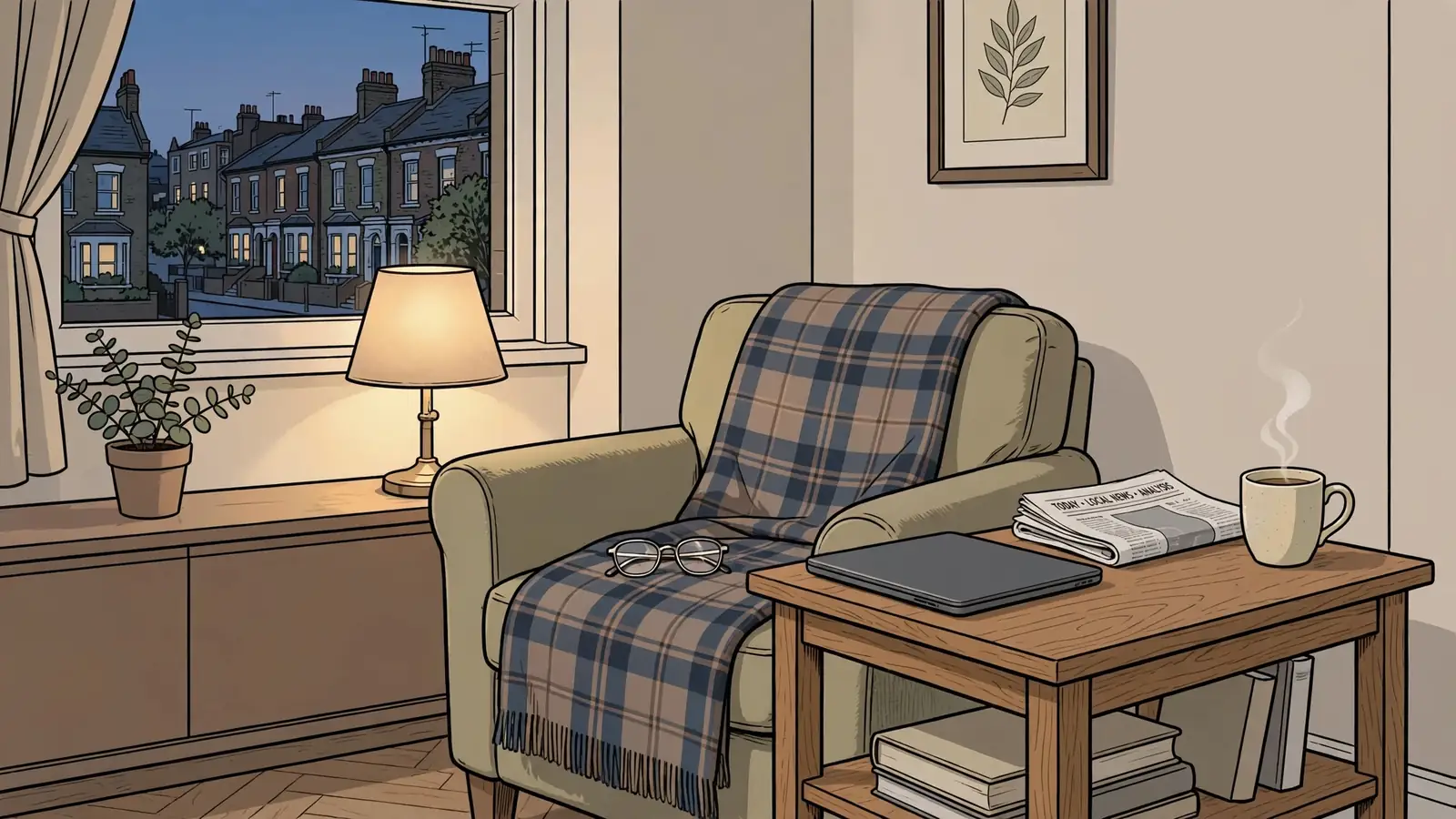 London flat interior with a closed laptop, tea, and reading glasses on a side table