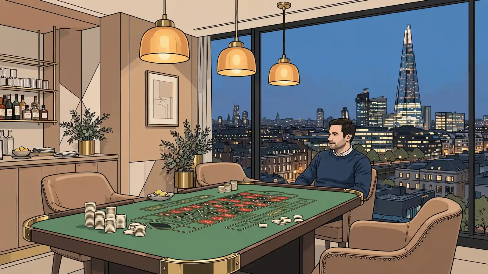 Modern London gaming lounge interior with roulette table at dusk
