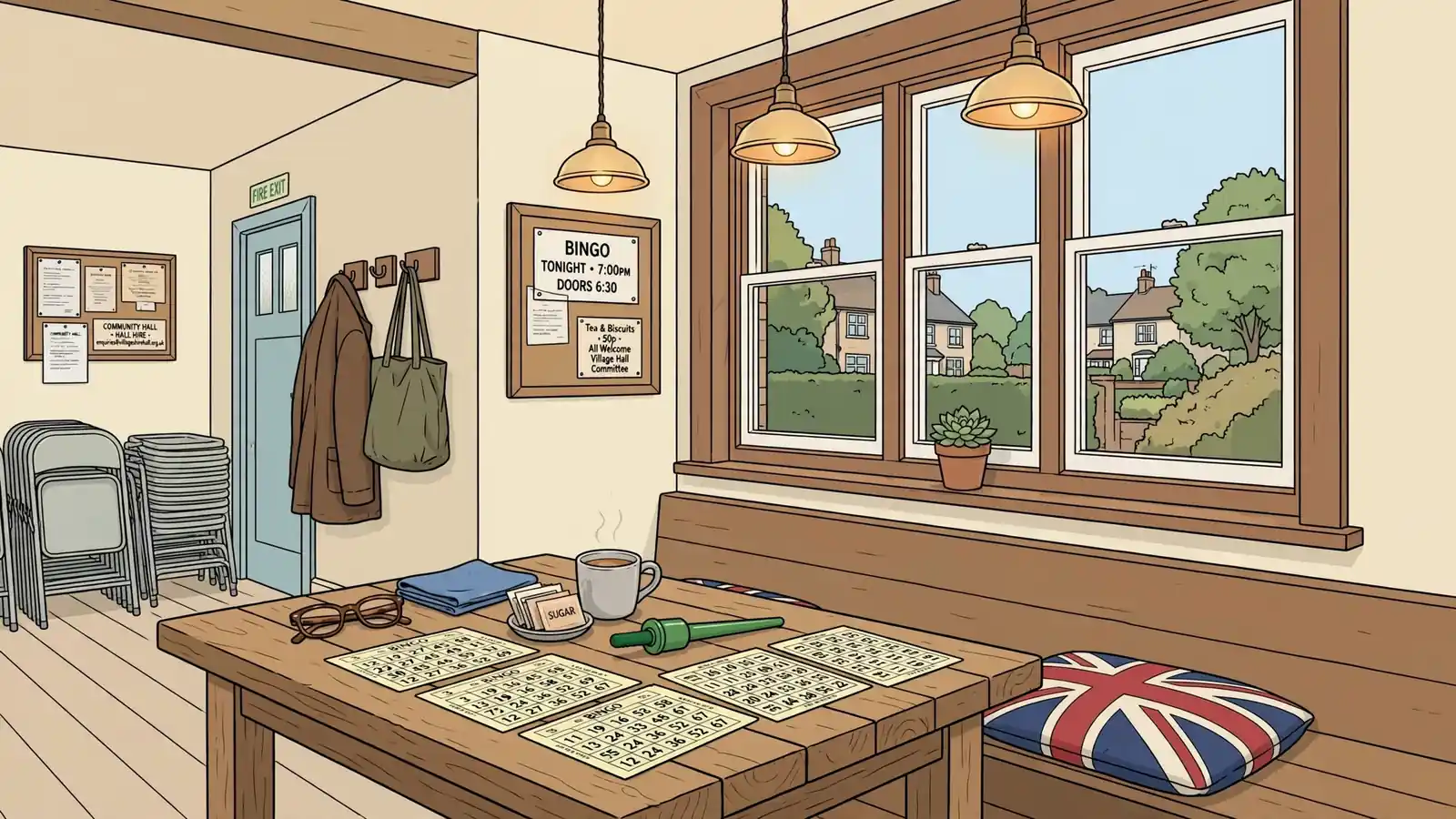 Traditional British bingo hall with paper tickets and dauber on a wooden table.