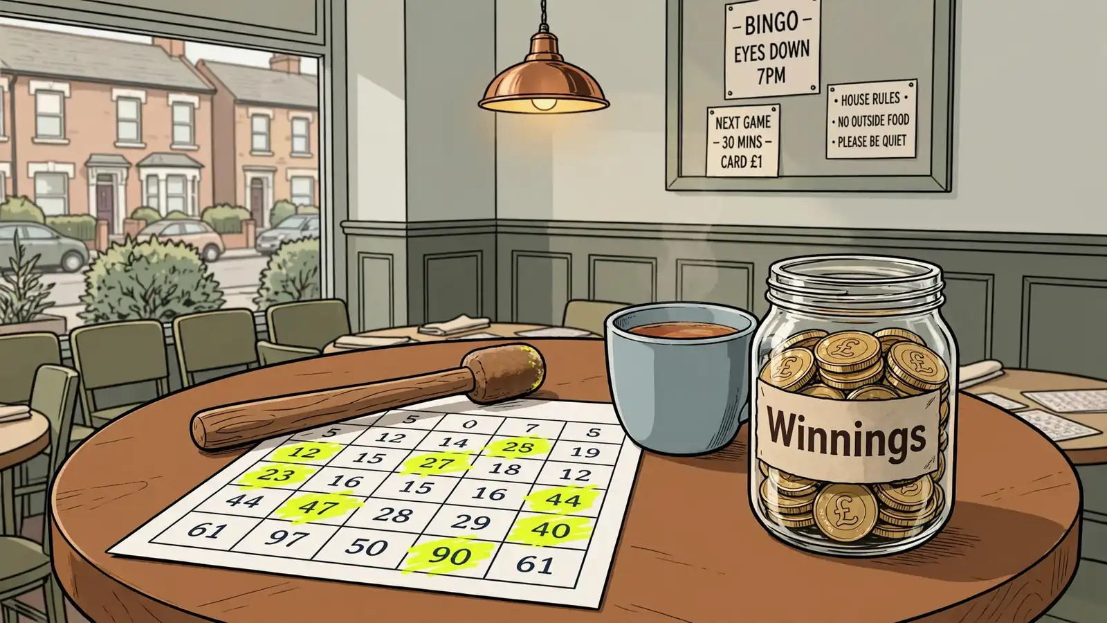 British bingo card with dauber, tea mug, and jar of pound coins on a pub table.