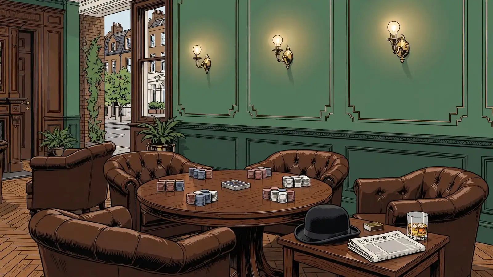 Classic British casino lounge with leather seating, card table, and chips.