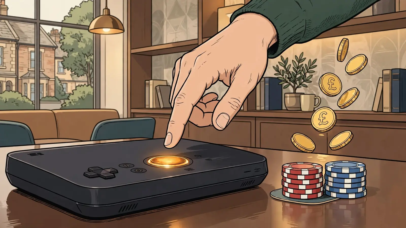 Hand hovering over glowing button beside gold coins and stacked casino chips in a dim lounge.