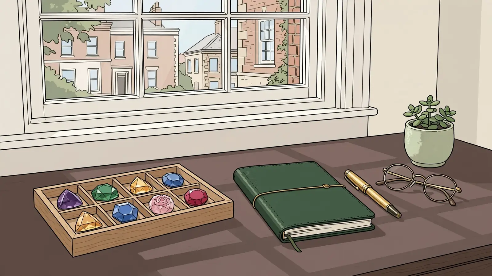 Wooden tray with colourful gemstone-shaped pieces on a desk beside a notebook, pen and plant, in soft British daylight.