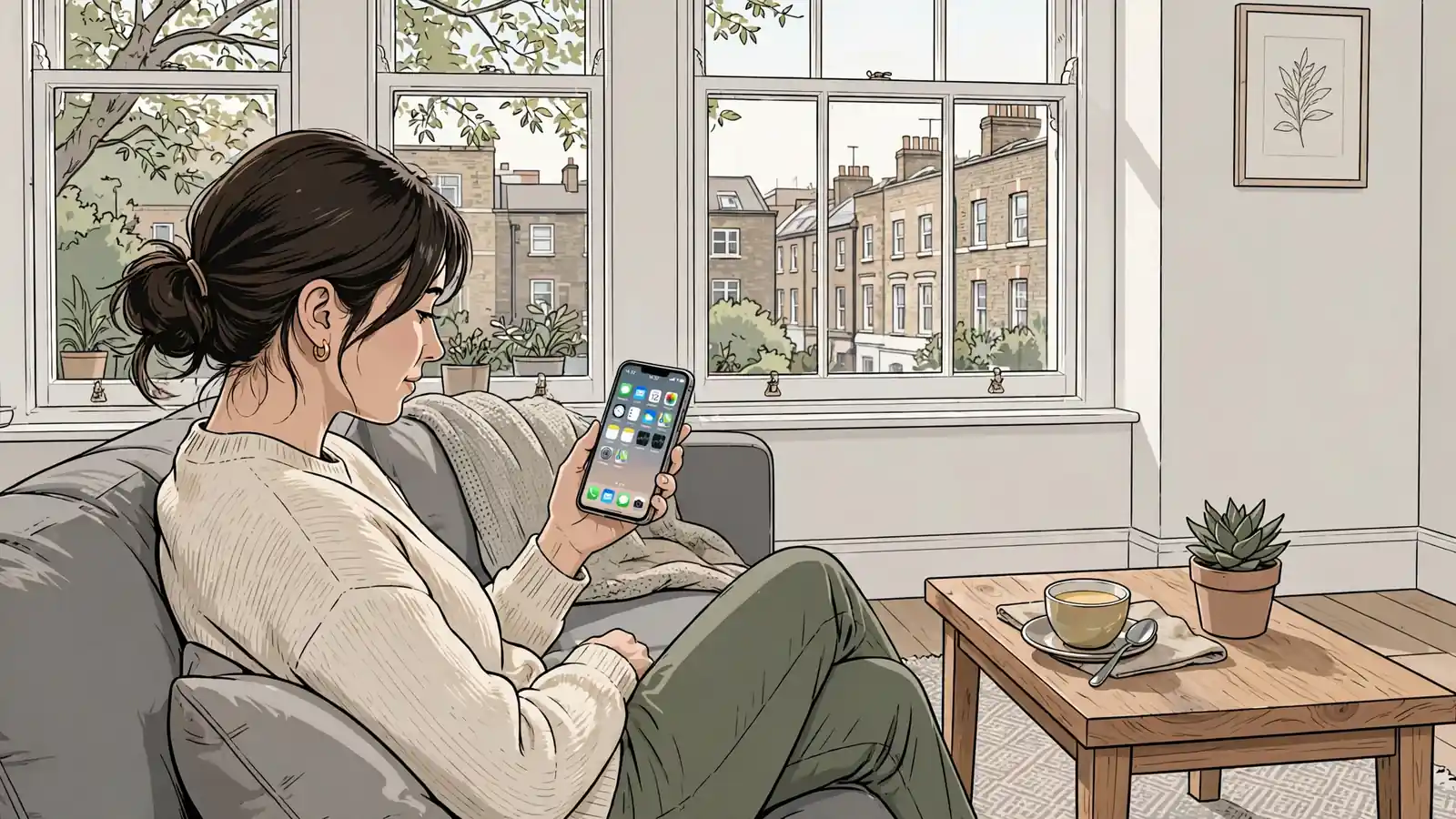 Woman on a London sofa using a mobile phone with tea nearby.