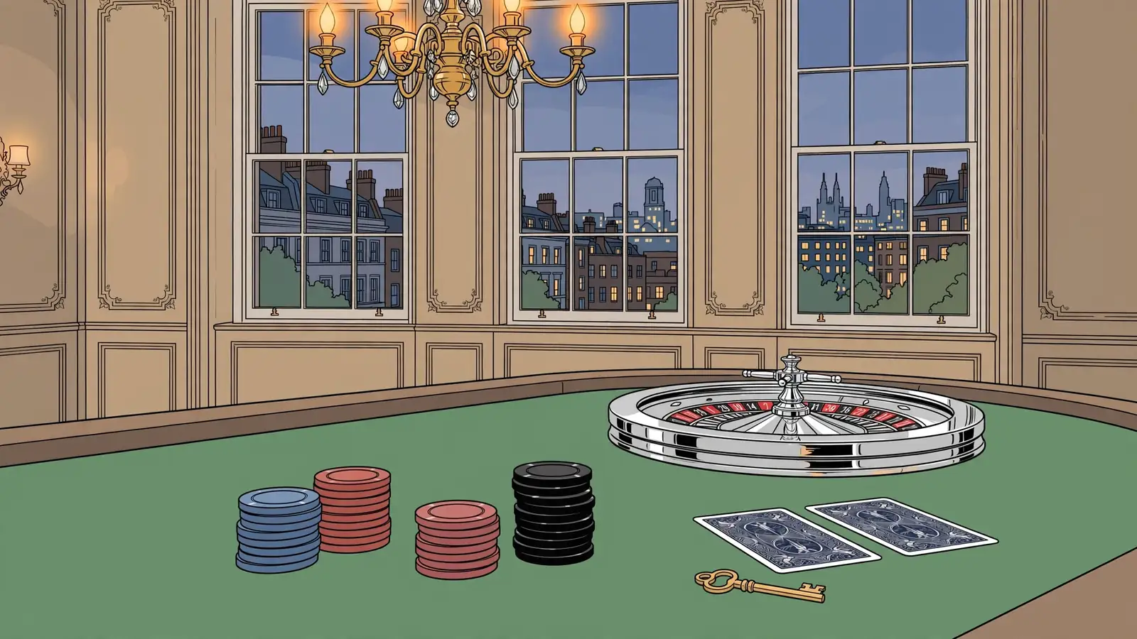 Casino table with chips, roulette wheel, and cards in an elegant British interior