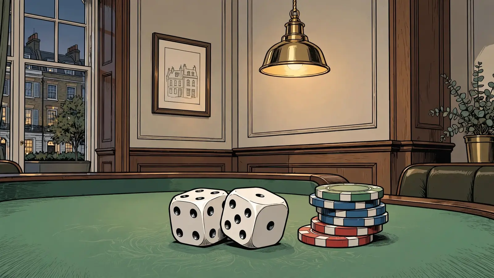 Dice and chips on a green craps felt in a private gaming lounge