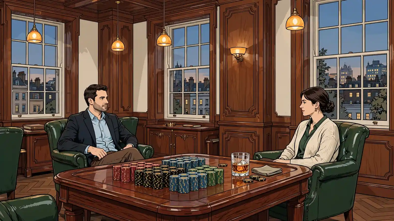 Elegant British casino lounge with gaming table, stacked chips, whisky glass, and London skyline at dusk.