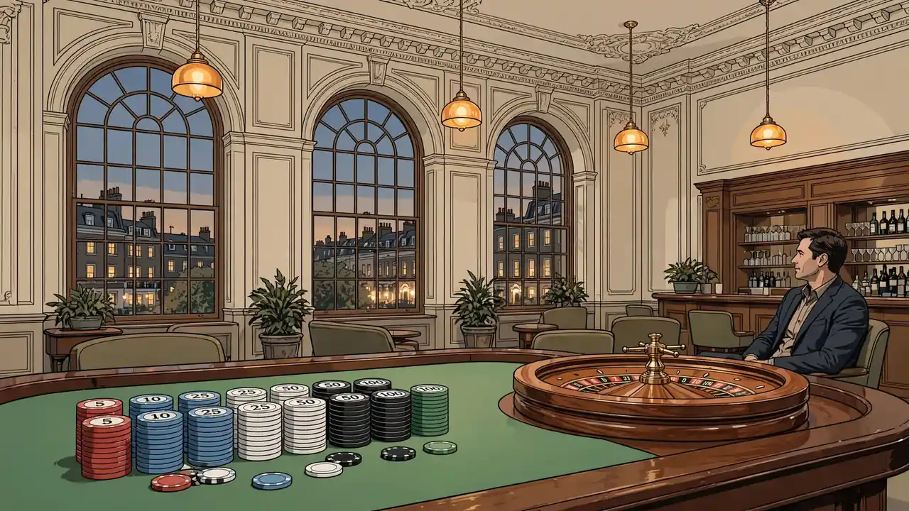 Elegant UK casino lounge with roulette wheel, poker chips, and London skyline visible through arched windows.