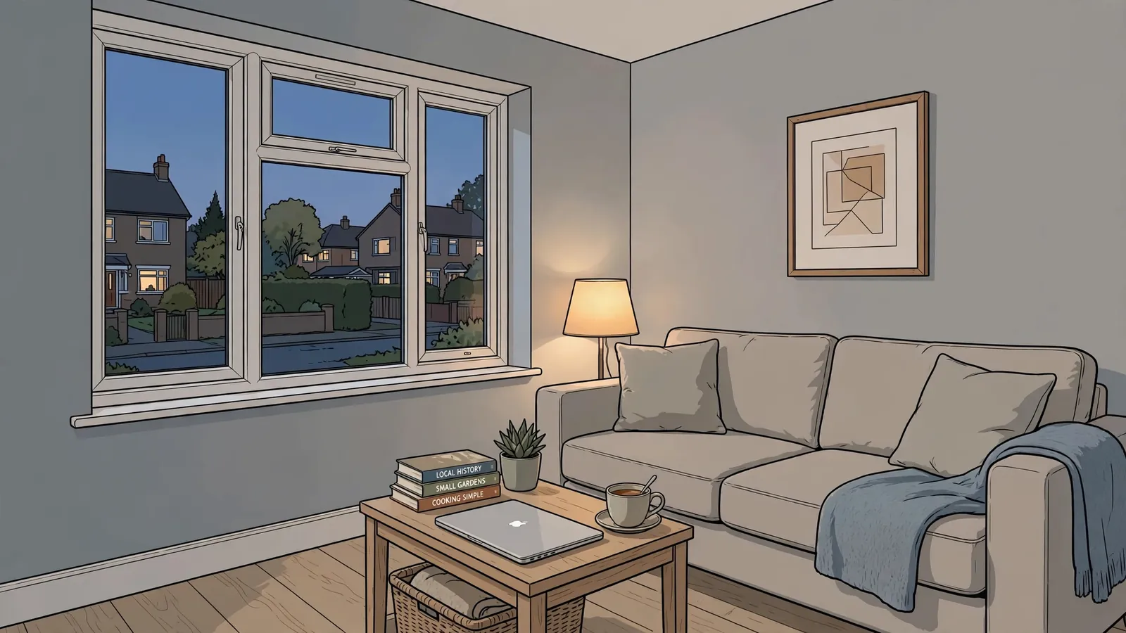 British living room scene with closed laptop, tea, and books on a side table.