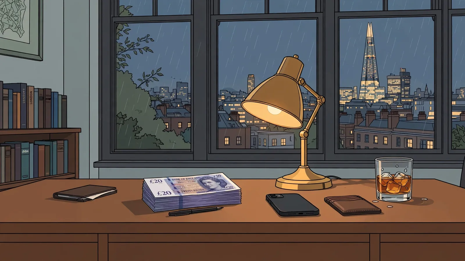 British study desk with pound notes, face-down phone, whisky, and London skyline at dusk.