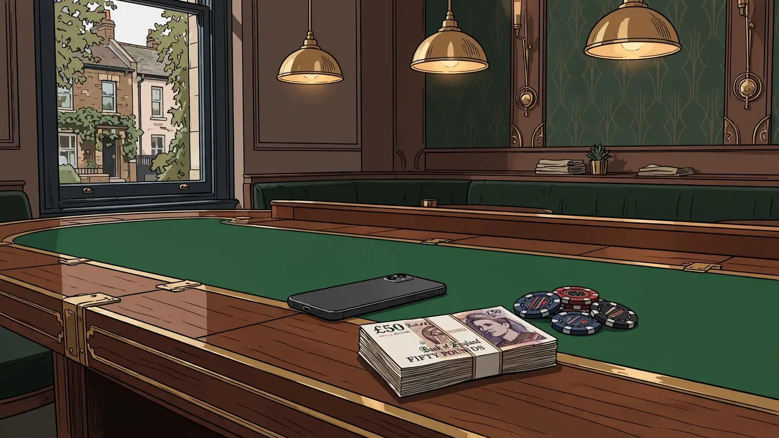 Casino table with pound notes, chips and a closed phone in warm lighting