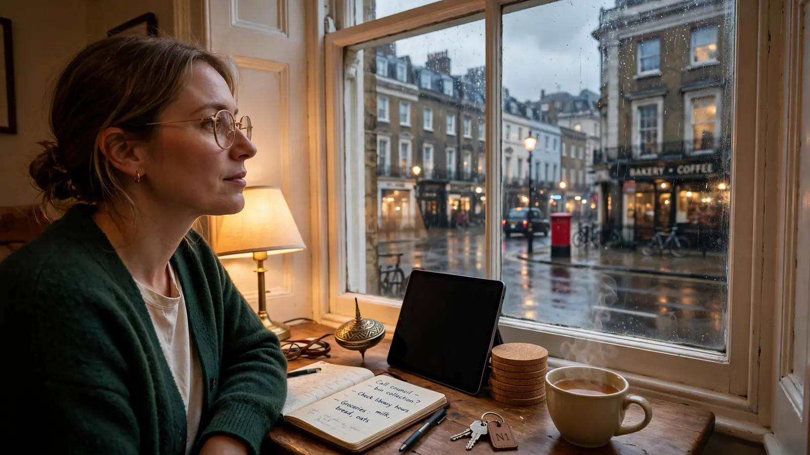 British player at desk with tablet, chips and roulette wheel by a London window