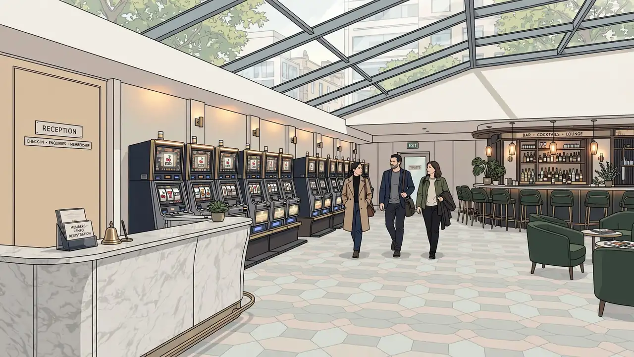 Modern UK casino lobby with reception desk and slot machines under warm lighting.